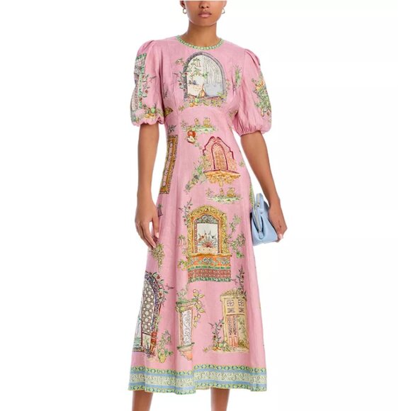 Alemais Monte pink architectural linen midi dress